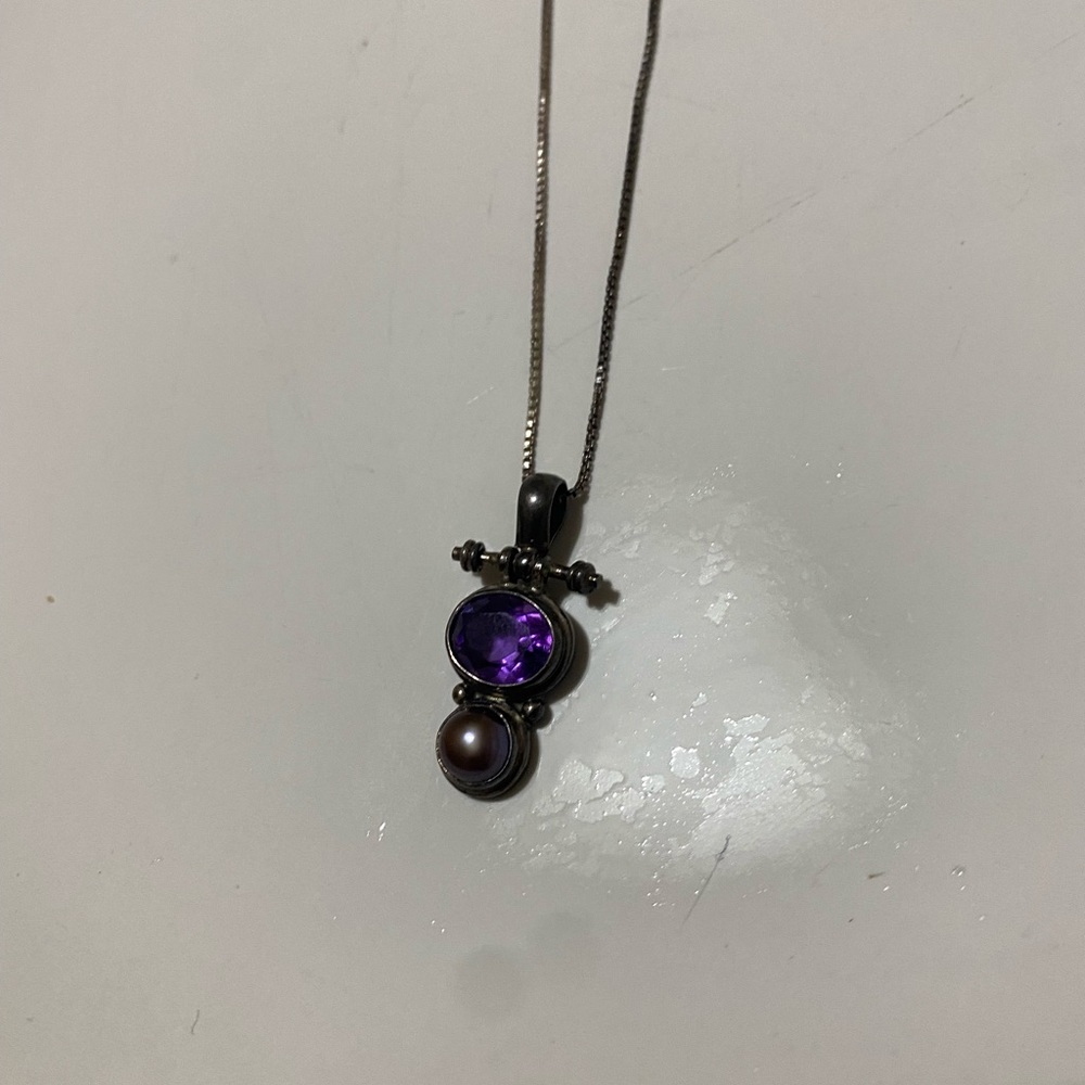 Vintage Ethnic Sterling Amethyst Pendant 925 Necklace With Pearl? - Picture 9 of 9